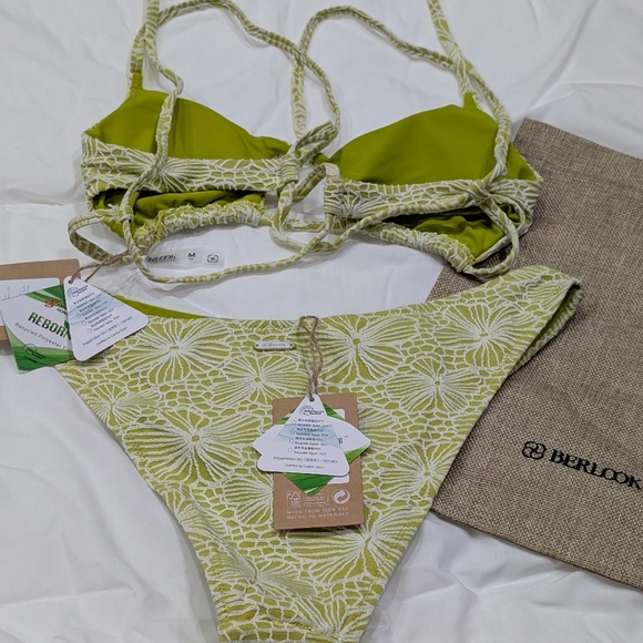 NWT /Berlook / Medium Large / Light Green Floral Jacquard Cut Out Bikini Set - Picture 3 of 3